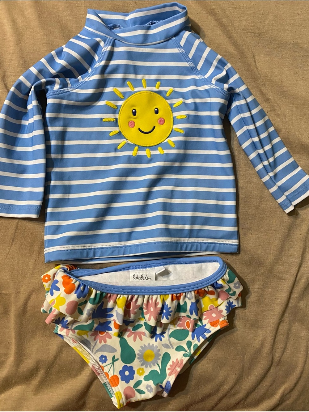 Baby Boden Blue & White Stripe Rashguard top  & Floral Ruffle bottoms